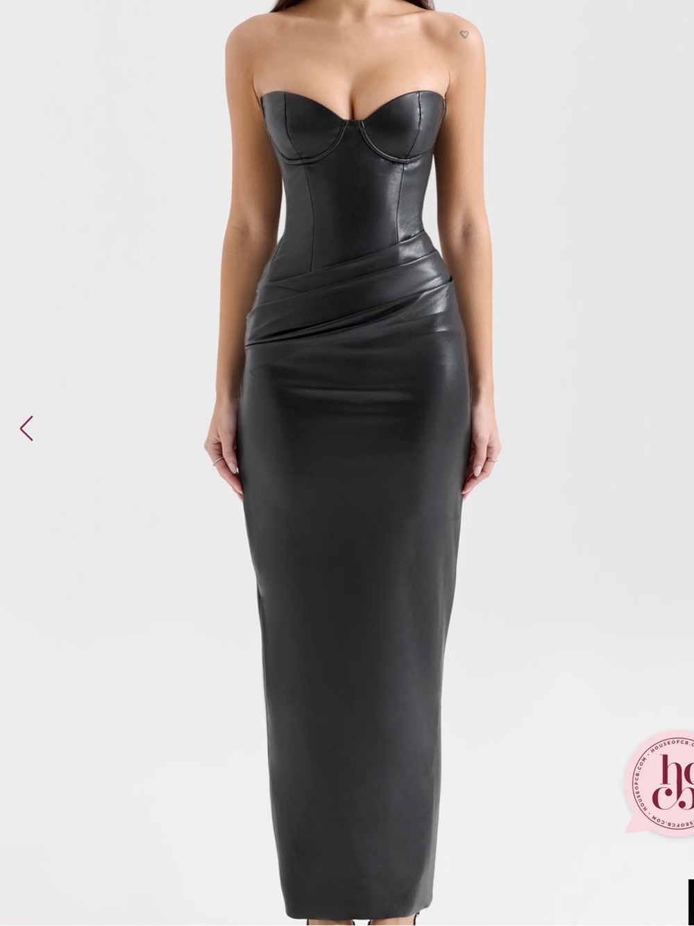 House of CB Juliana Black Strapless Vegan Leather Midi Dress